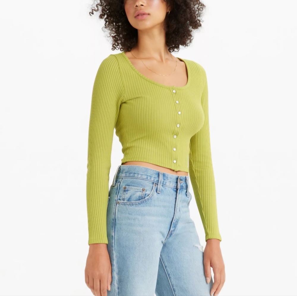 Levi's Green Women's Crop Top Long sleeves Scoop Neck Ribbed Small NWOT